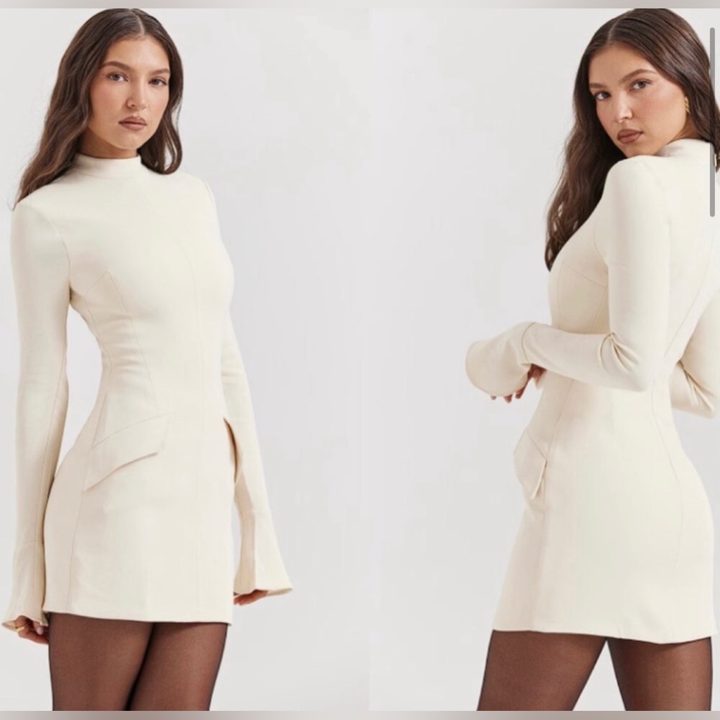 Nwot House Of Cb 'Mahalia' Vintage Cream Long Sleeves Mini Dress Sz S